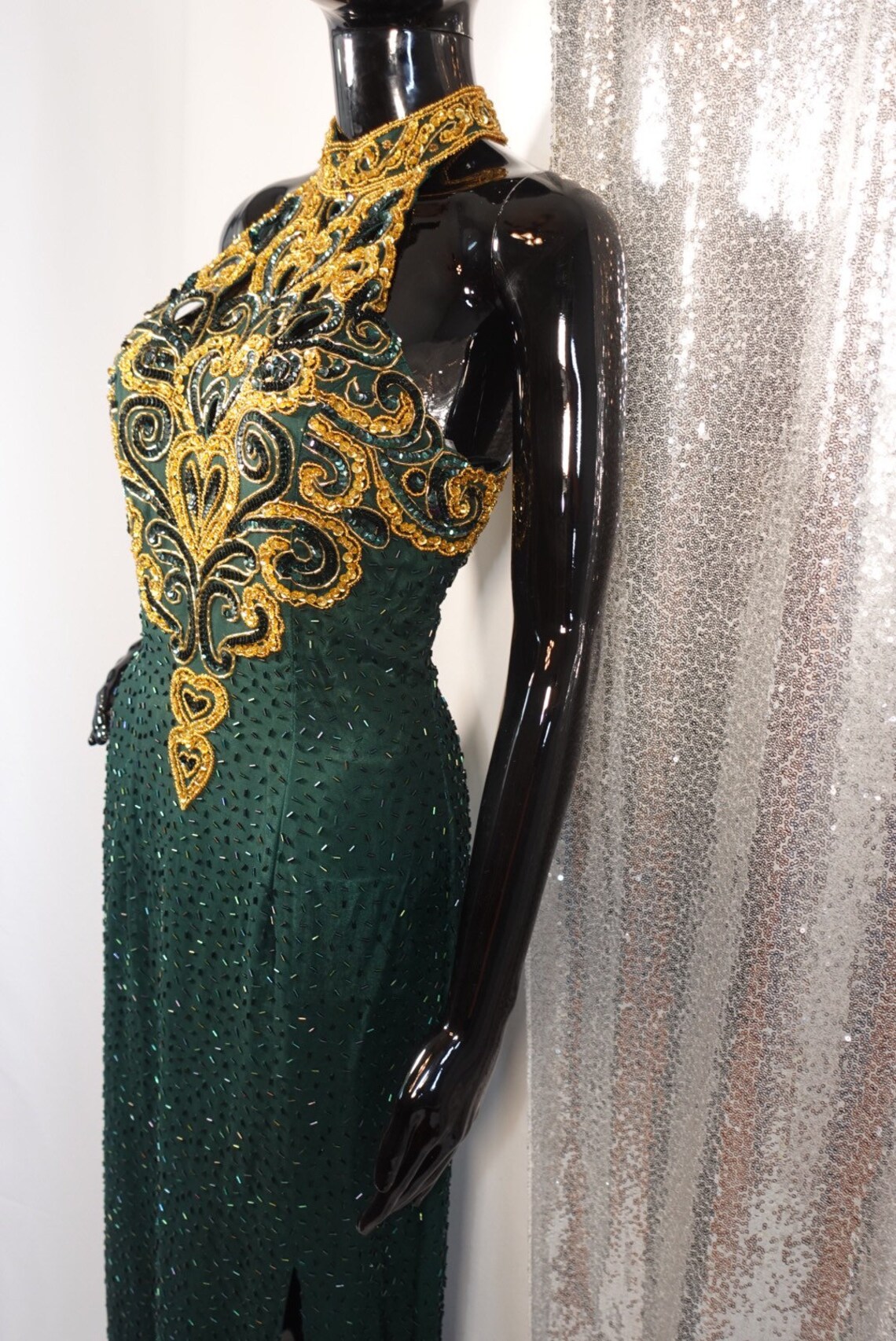 green and gold ball gown