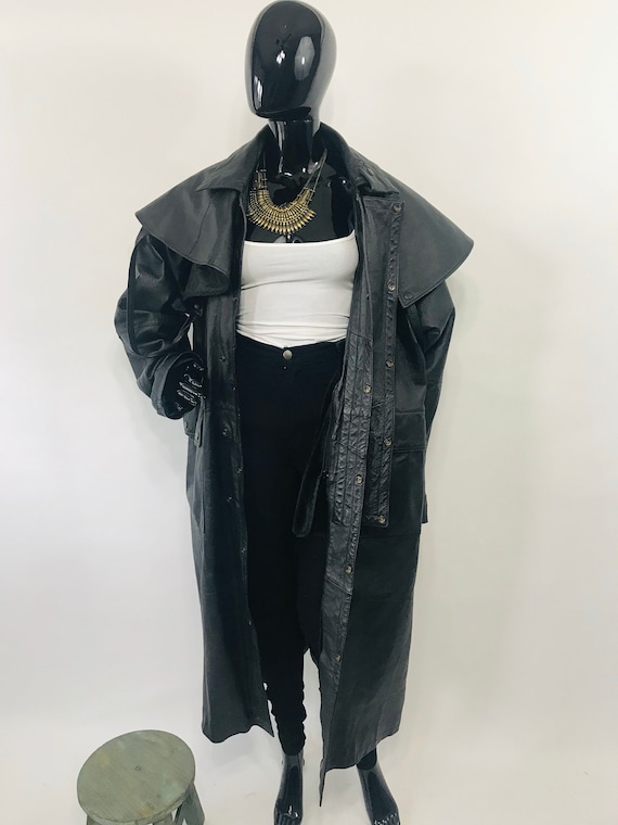 Black Leather Trench Coat w/ Hood / Long Black Lea