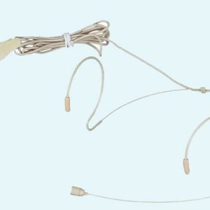 May include: A beige headset microphone with a 3.5mm audio jack. The microphone has three small, beige-colored capsules and a thin, beige cable. The cable is bundled with a white tie. The background is a light blue.