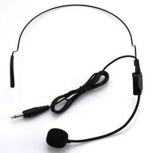 May include: A black headset microphone with a flexible boom and a 3.5mm audio jack. The microphone is small and round, and the headband is adjustable. The cable is black and coiled.