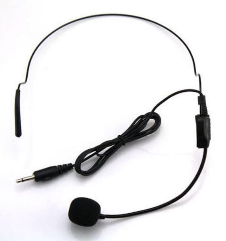 May include: A black headset microphone with a flexible boom and a 3.5mm audio jack. The microphone is small and round, and the headband is adjustable. The cable is black and coiled.