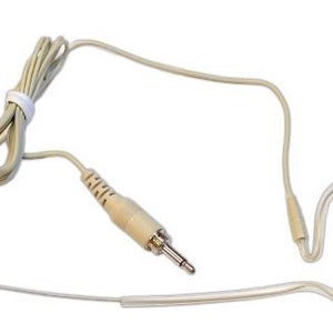 May include: A beige headset microphone with a 3.5mm audio jack. The microphone has a small, rounded head and a thin, flexible boom. The cable is coiled and secured with a white band. The headset is designed for hands-free audio input.