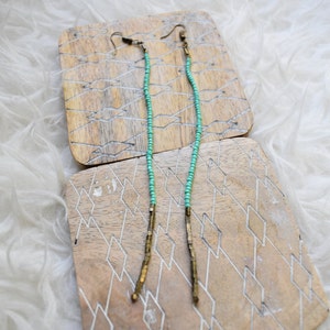 long bead earring, long minimalist earring, long drop earring, simple earring, boho chic earring, green bronze earring, statement earring