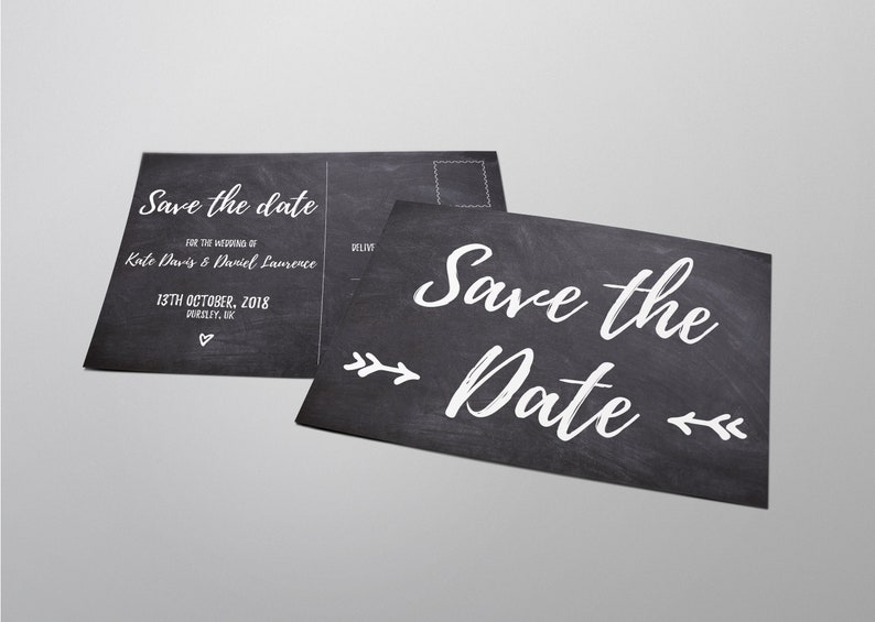 Chic Chalkboard Personalised Black and White Printable Save The Date Postcard Template Download