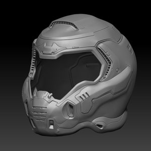 Puede incluir: Un modelo 3D gris de un casco futurista con una visera y un diseño detallado.