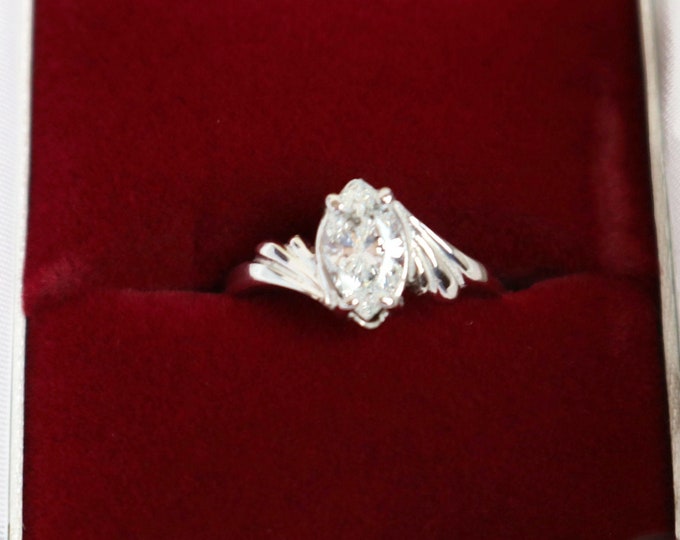 14K White Gold Fancy Cut Marquise Diamond Solitaire Ring .95 carat diamond with recent appraisal report