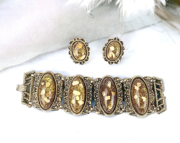 Mid Century Large Oval Gold Confetti Cabochon Bracelet And Clip on Earrings Set