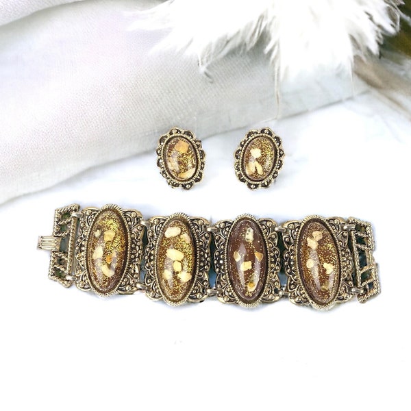 Mid Century Large Oval Gold Confetti Cabochon Bracelet And Clip on Earrings Set