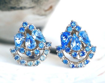 Beautiful Dainty Blue Rhinestone Clip on Earrings