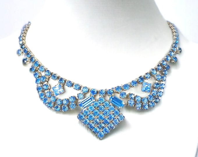 Vintage Mid Century Light Blue Rhinestone Necklace - Elegant Statement Piece