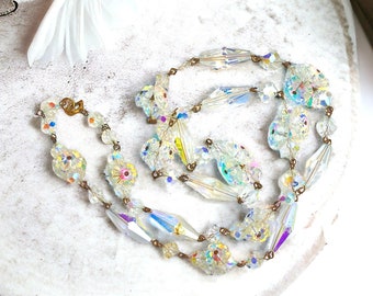 Sparkling Long Aurora Borealis, Prism Glass beaded Cluster Necklace