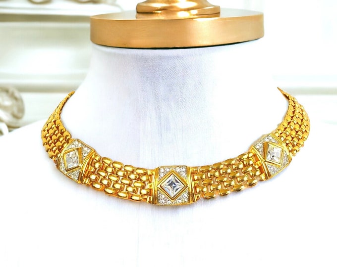 Gorgeous Gold Plated Rhinestone Brick Chain Collar