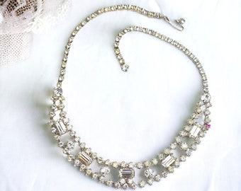 Mid Century Baguette and Round Rhinestone collar necklace