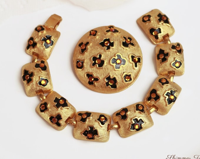 IVANA signed Gilt Leopard Print Bracelet and Brooch