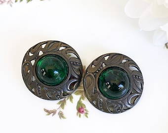 Fabulous Mid Century clip on earrings with Green Poured Glass Cabochon.