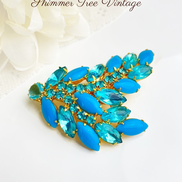 Stunning Turquoise Blue Open Back Rhinestone Floral Brooch