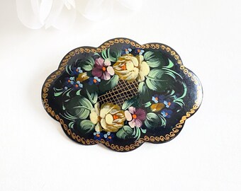 Beautiful Hand Painted Flowers Black Lacquer Wood Brooch Signed by Artist