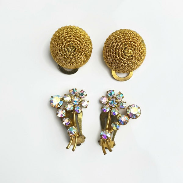 2 pairs Clip on Earrings, Gold button Cascio signed and Crystal Made In Austria Signed floral clips