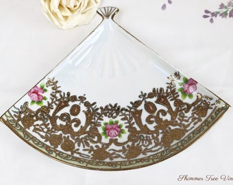 Porcelain Fan ring dish with gold filigree and pink rose Edging