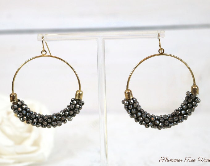 Large Hoop Earrings with Metallic Gray Cluster Beads