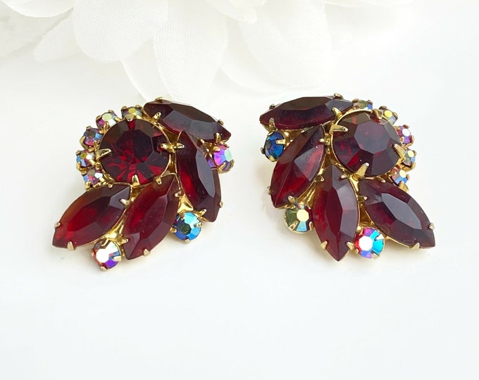 JULIANA D&E Ruby Red and Aurora Borealis Clip on Earrings