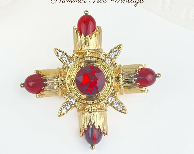 Beautiful Ruby Red Glass Gripoix Maltese Cross Brooch