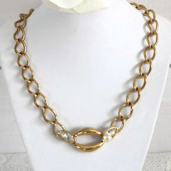 Vintage swarovski signed S.A.L modernist chunky chain and crystal Necklace, Designer gold tone chain necklace