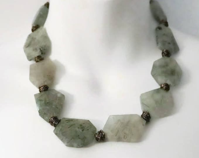 Large Green Prehnite Gemstone necklace, Gently hand faceted green slab gemstone collar, statment jewelry, with copper accents
