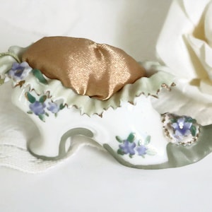 Ceramic Victorian Shoe, Silk Pincushion, green with purple flowers, High heel pin cushion