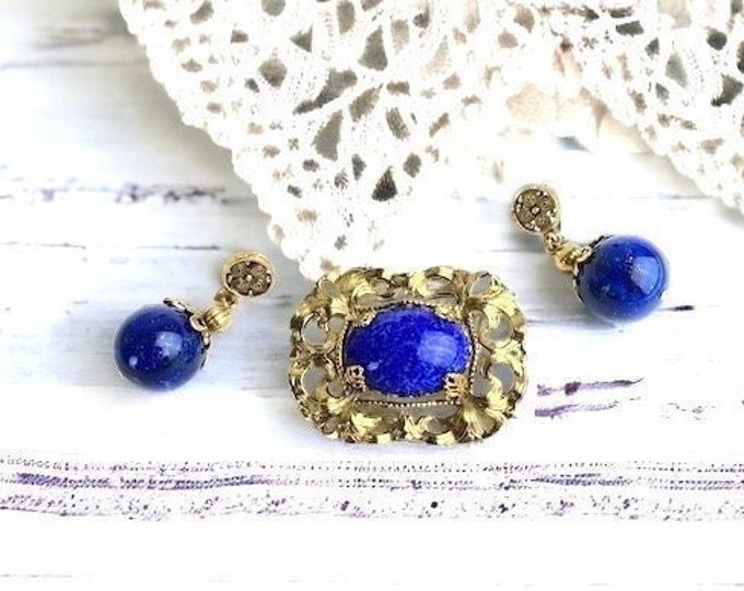 Mid Century Ornate Faux Lapis Cabochon Brooch Set with pierced Dangle Earrings