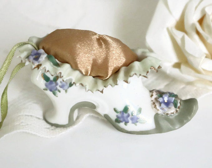 Ceramic Victorian Shoe, Silk Pincushion, green with purple flowers, High heel pin cushion