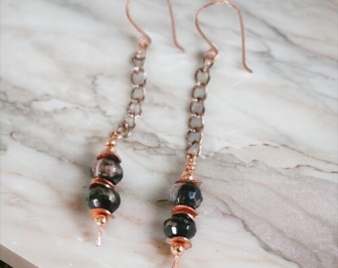 Handmade Jasper and copper Earrings, dangle and drop earrings, black and pink minimalist earrings, dainty earrings, Beaded gemstone earrings