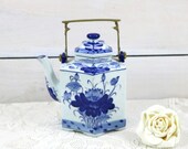 Ceramic Asian Blue and White Hexagon hot water teapot with brass handle, Geometric blue flower teapot