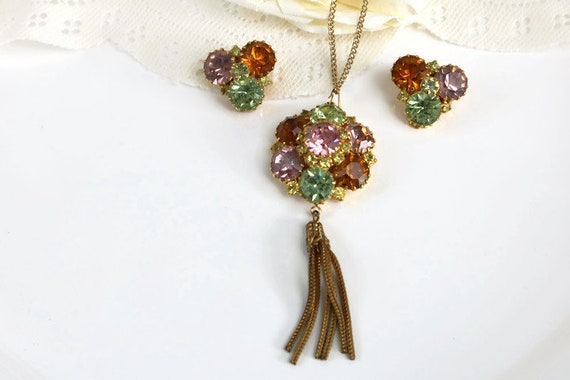 Beautiful Rivoli Rhinestone Tassel pendant necklac