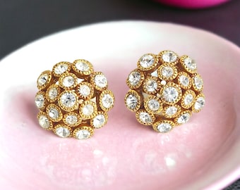 Pretty Rhinestone Round Domed Clip on Earrings