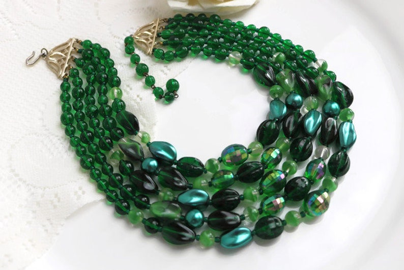 5 strand dark green necklace Stunning Green Art Deco Venetian glass Multi strand Statement necklace