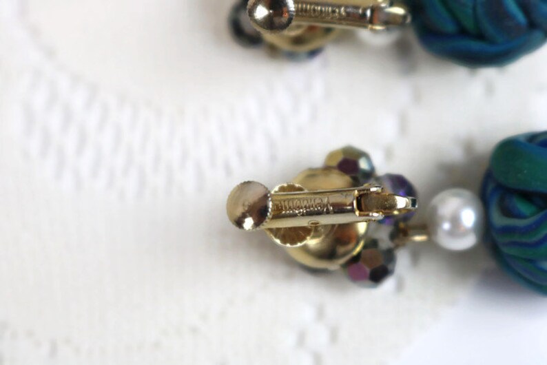 Pretty VENDOME Clip on earrings Aurora Borealis and blue Clay ball dangle clip on Earrings