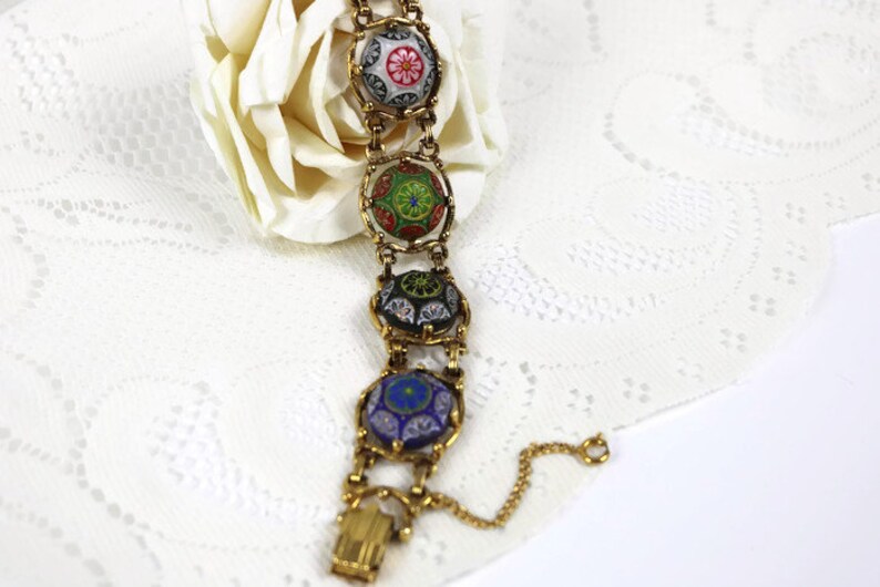 Gorgeous Eastern inspired Colorful Art Glass cabochon Link bracelet with security chain. Celebrity Bracelet