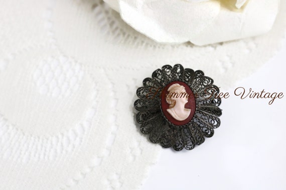 Antique Carved Cameo Filigree Collar Pin - image 3