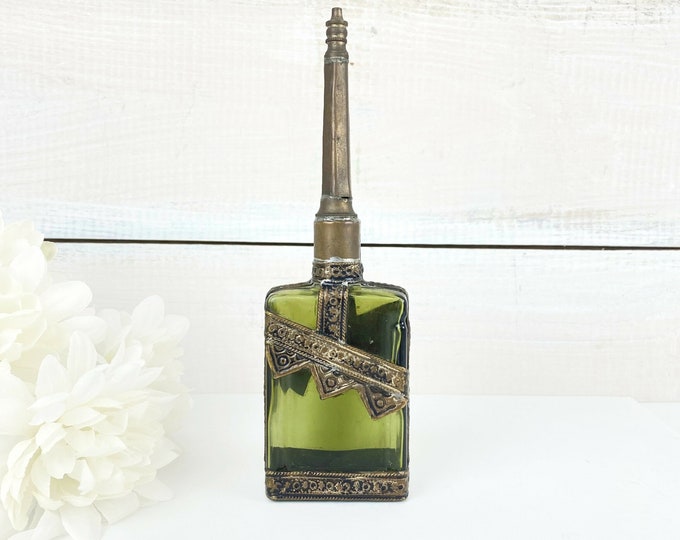 Stunning Karl Moran Paris Olive Green Glass Moroccan Inspired Perfume Bottle