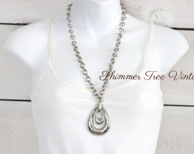 Monet Pendant necklace, Hammered double teardrop pendant, silver tone necklace.