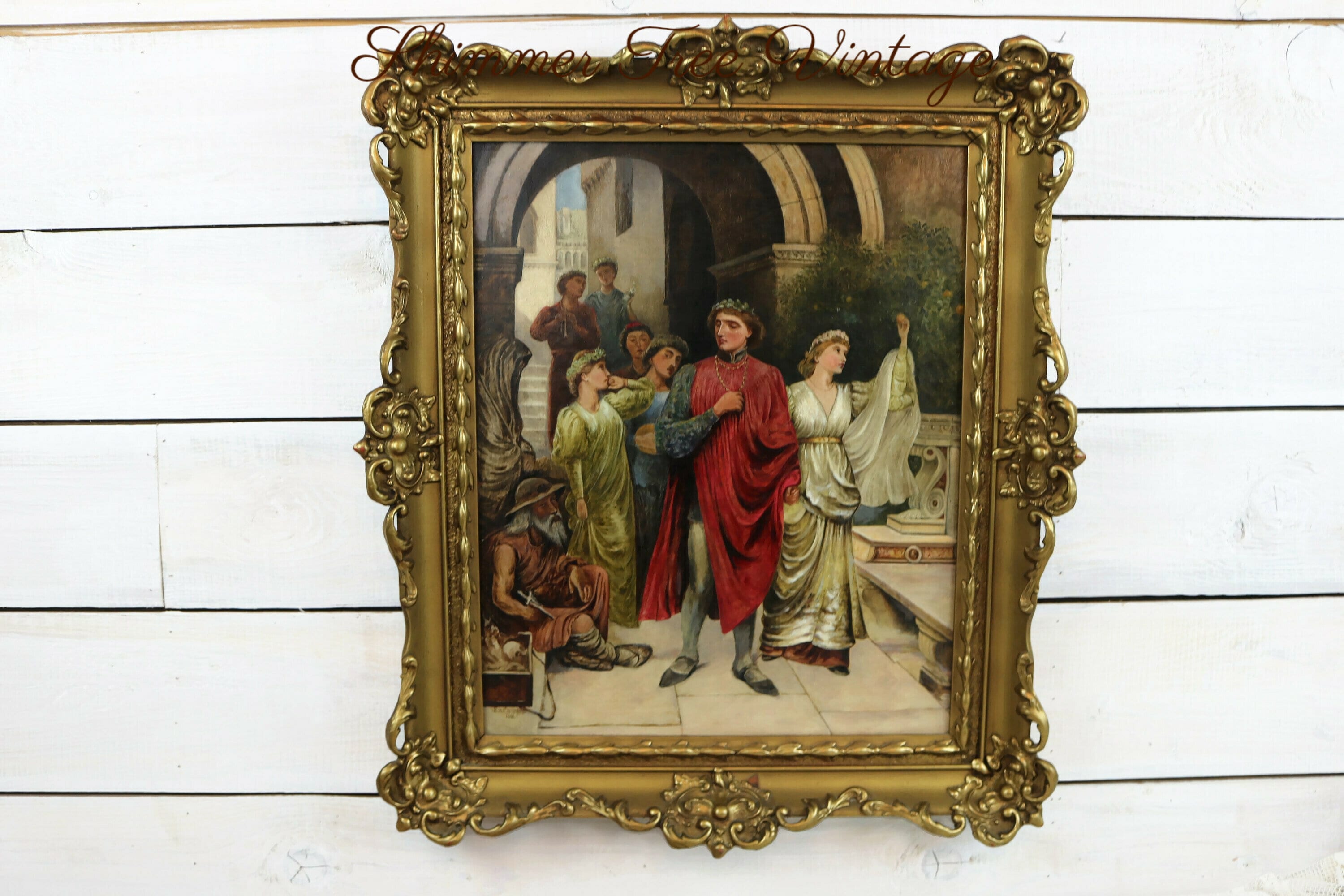 Gran pintura al óleo antigua del Renacimiento victoriano de 1891, firmada y enmarcada por el artista.
