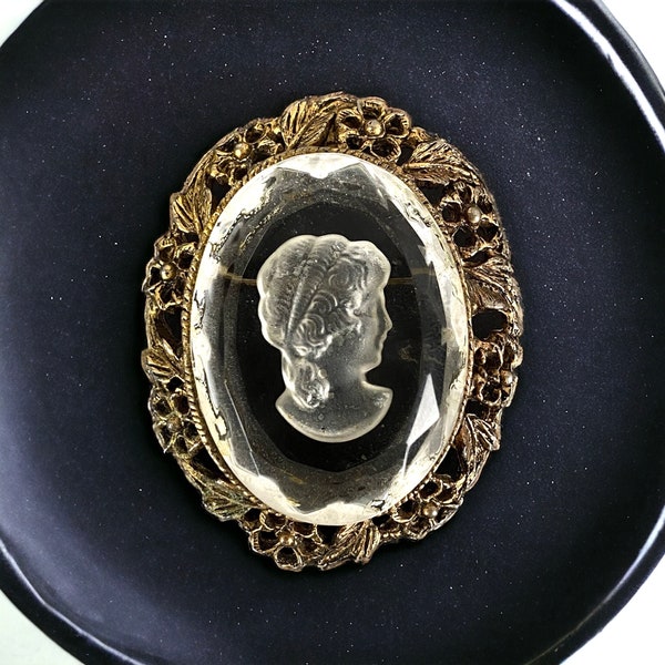 Vintage Reverse Carved Glass Cameo Brooch Pendant