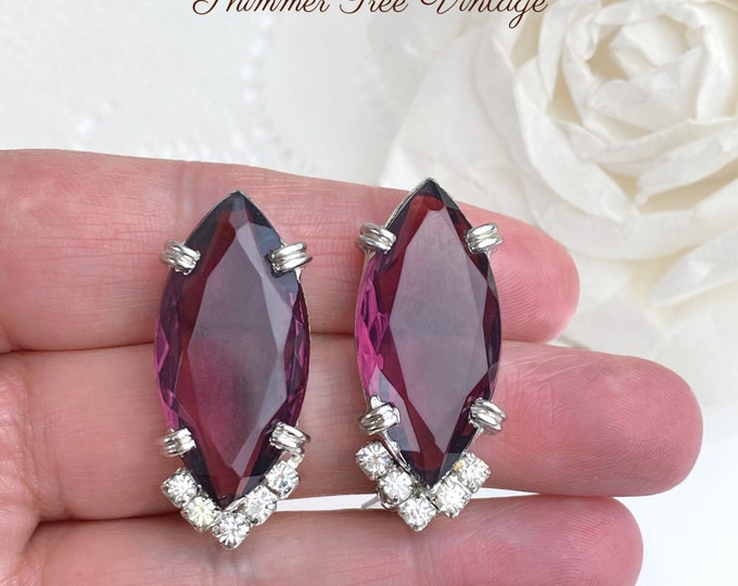 Large Purple Marquise Crystal Rhinestone Clip on Earrings