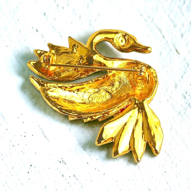 GIOVANNI Signed Swan Brooch with Stunning Red, Green, and Gold Enamel image 6