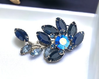 Mid Century Shades Of Blue Rhinestone Flower Brooch