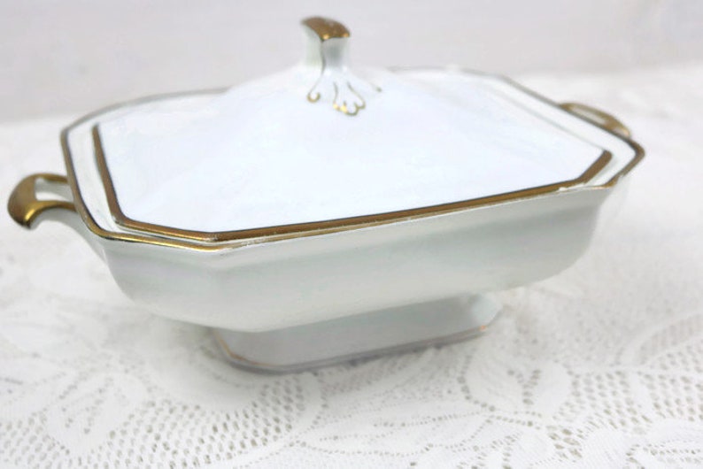 Antique J/&G Meakin Square server with lid Art deco covered serving dish White dish with gold gilt trim and edging details