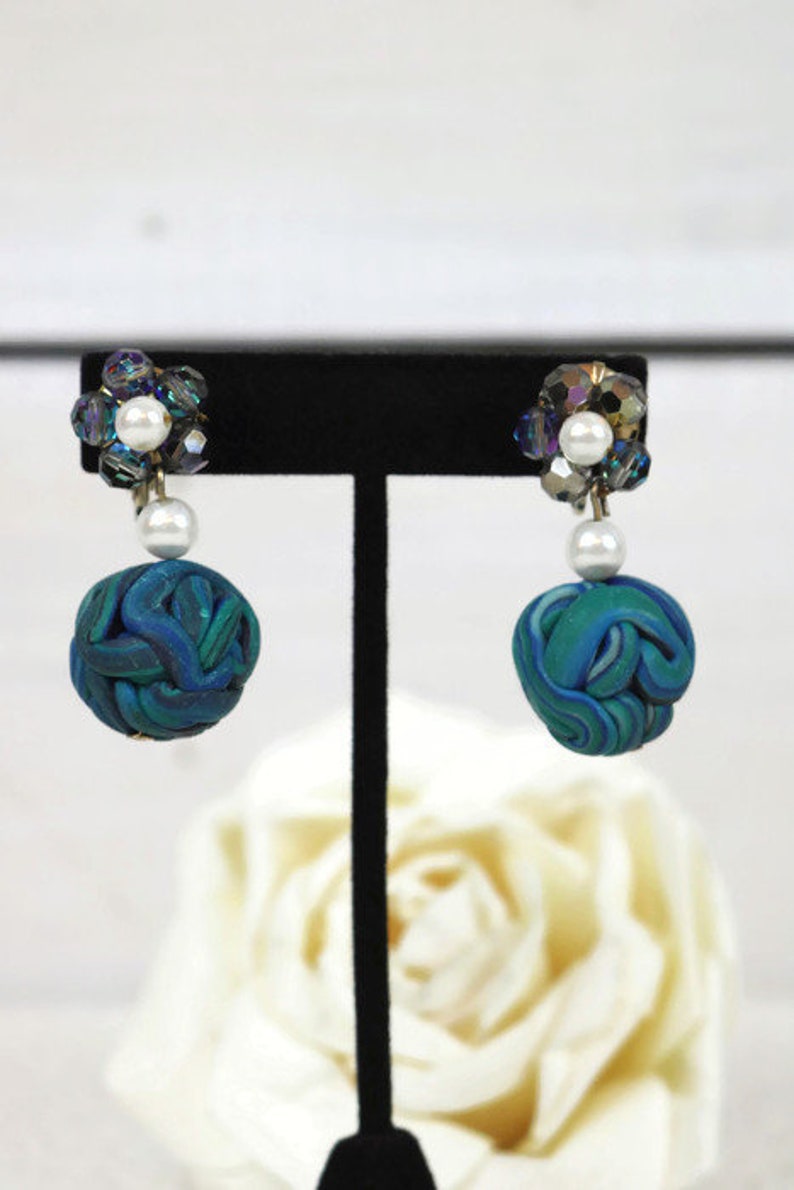 Pretty VENDOME Clip on earrings Aurora Borealis and blue Clay ball dangle clip on Earrings