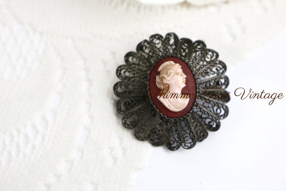 Antique Carved Cameo Filigree Collar Pin - image 4