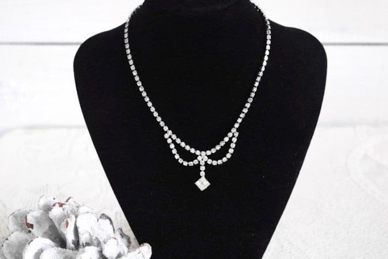 Crystal Necklace Art Deco Glam clear crystal rhinestone necklace with dainty crystal drop pendulum pendant.